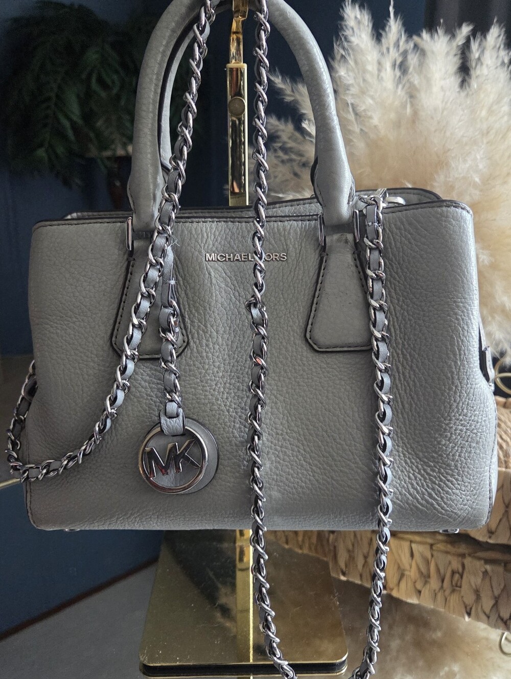 Michael Kors Gray Pebbled Leather Chain Detail Satchel Crossbody Purse
